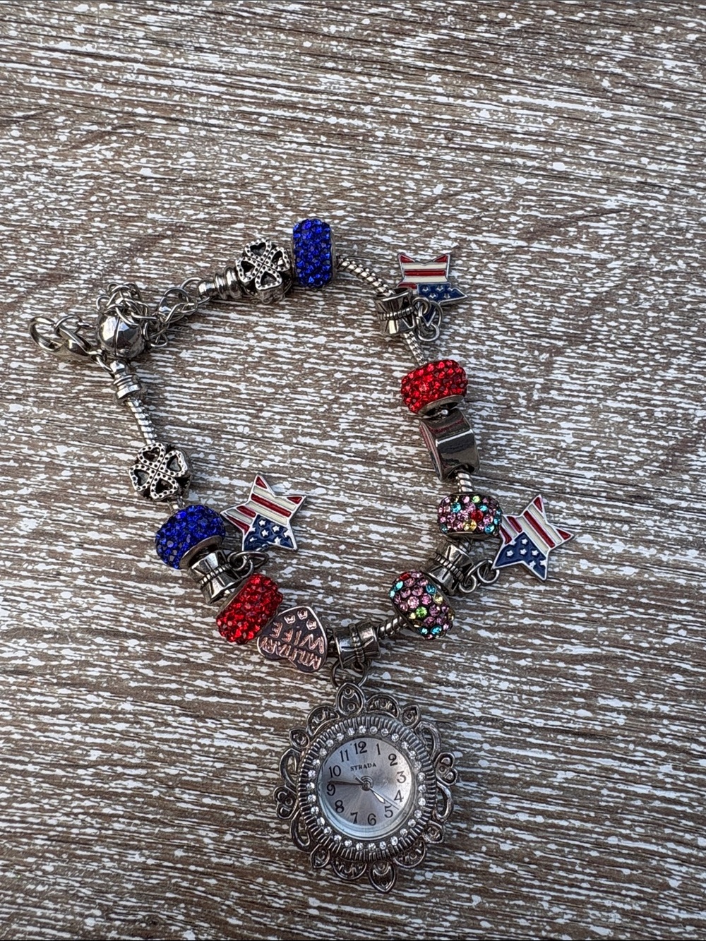 Silver-Tone Patriotic Charm Bracelet strada Watch with Red & Blue Accents